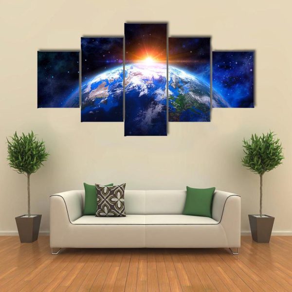 Planet Earth In Outer Space With Rising - Space 5 Panel Canvas Art Wall Decor