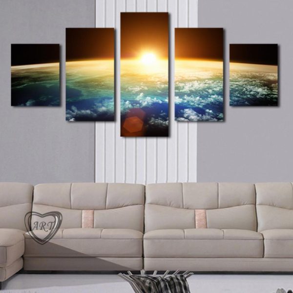 Planet Earth With Sun On The Horizon - Space 5 Panel Canvas Art Wall Decor