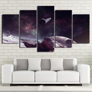 Planet Saturn And Starry Sky - Space 5 Panel Canvas Art Wall Decor