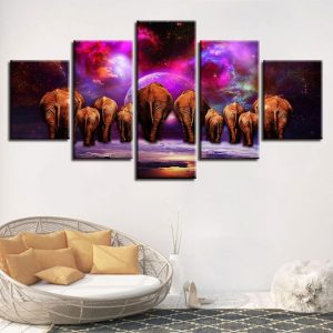 Planets And Elephant Family - Animal 5 Panel Canvas Art Wall Decor