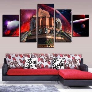 Planets Retro Building Night - Abstract 5 Panel Canvas Art Wall Decor