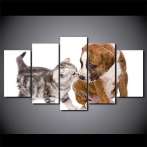 Playful Puppy Dog And Kitty Cat - Animal 5 Panel Canvas Art Wall Decor