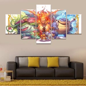 Pokemon Ash Ketchum Bulbasaur Charmander Squirtle Anime - 5 Panel Canvas Art Wall Decor