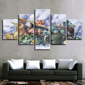 Pokemon Ash Ketchum Pikachu Bulbasaur Charmander Squirtle Anime - 5 Panel Canvas Art Wall Decor