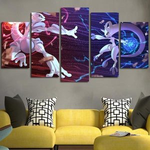 Pokemon Mega-Mewtwo X Vs Mega-Mewtwo Y Anime - 5 Panel Canvas Art Wall Decor