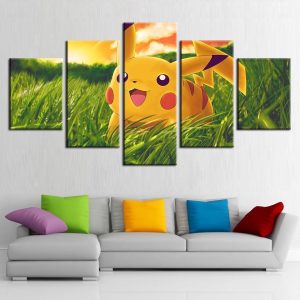 Pokemon Pikachu On Green Grass Anime - 5 Panel Canvas Art Wall Decor