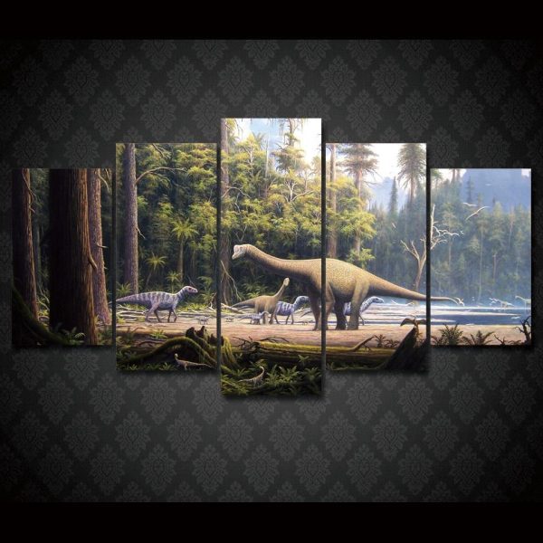 Prehistoric Dinosaur Jurassic Forest - Cartoon 5 Panel Canvas Art Wall Decor