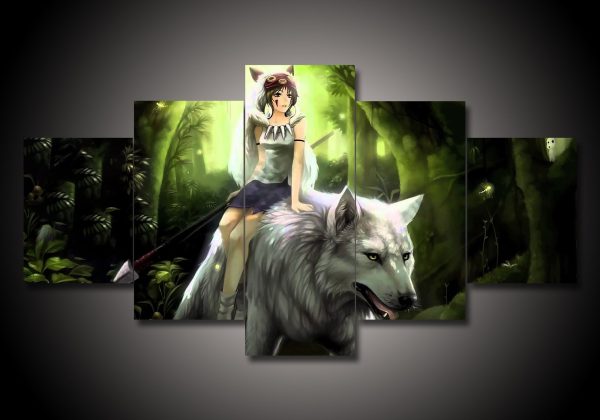 Princess Mononoke 4 - Anime 5 Panel Canvas Art Wall Decor