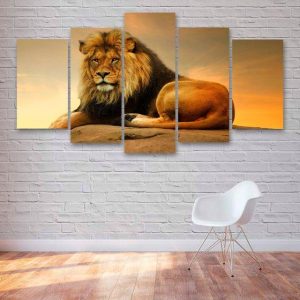 Proud Laying Lion - Animal 5 Panel Canvas Art Wall Decor