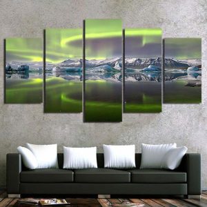 Psychedelic Aurora Lake Ice Mountain 01 - Nature 5 Panel Canvas Art Wall Decor