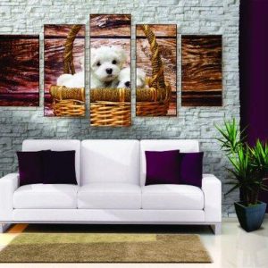 Puppies In A Basket - Animal 5 Panel Canvas Art Wall Decor