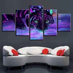 Purple Fluorescent Tiger - Abstract Animal 5 Panel Canvas Art Wall Decor