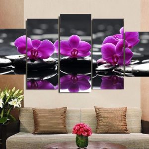 Purple Orchid On Hot Stones - Nature 5 Panel Canvas Art Wall Decor