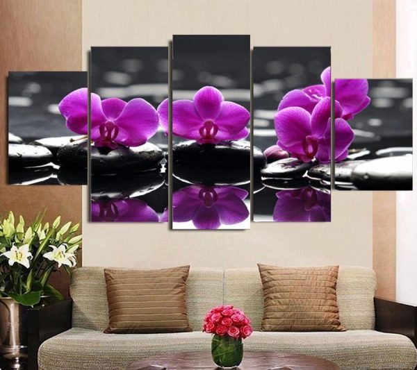 Purple Orchid On Hot Stones - Nature 5 Panel Canvas Art Wall Decor