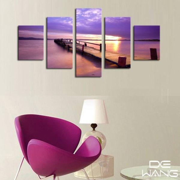 Purple Sky And Bridge - Nature 5 Panel Canvas Art Wall Decor