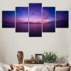 Purple Sunset Over Ocean Skyline - Ocean 5 Panel Canvas Art Wall Decor