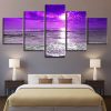 Purple Sunset Sea Waves Beach Seascape - Nature 5 Panel Canvas Art Wall Decor