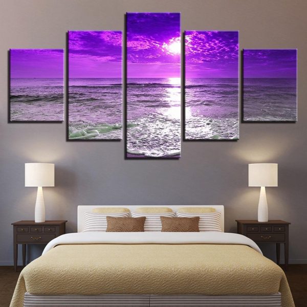 Purple Sunset Sea Waves Beach Seascape - Nature 5 Panel Canvas Art Wall Decor