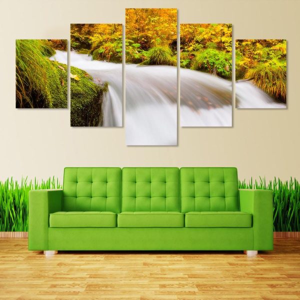 Quietness In The Waterfall - Nature 5 Panel Canvas Art Wall Decor