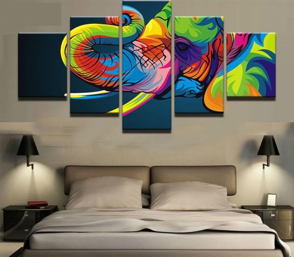 Rainbow Elephant Modern - Abstract Animal 5 Panel Canvas Art Wall Decor