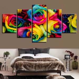 Rainbow Rose Flower - Nature 5 Panel Canvas Art Wall Decor