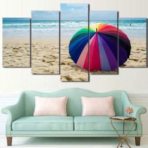 Rainbow Umbrella On The Beach - Space 5 Panel Canvas Art Wall Decor