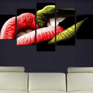 Red And Green Lips Kiss - Abstract 5 Panel Canvas Art Wall Decor