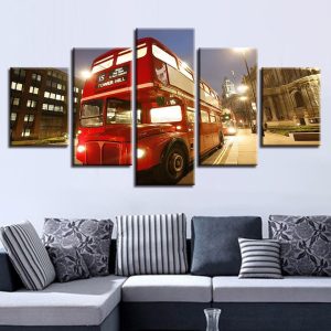 Red Bus Landscape - Automative 5 Panel Canvas Art Wall Decor