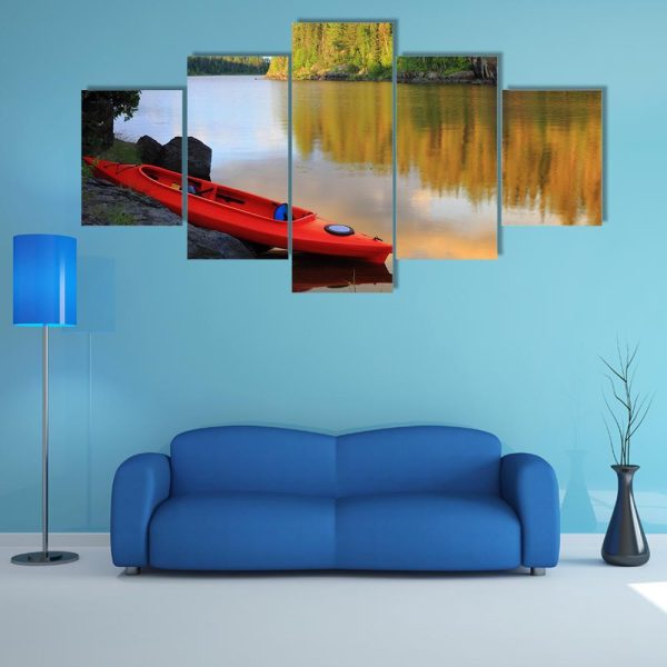 Red Canoe Sitting On Rocks At Lake - Nature 5 Panel Canvas Art Wall Decor