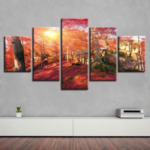 Red Forest Sunshine 1 - Nature 5 Panel Canvas Art Wall Decor