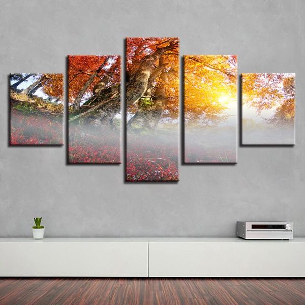 Red Forest Sunshine 2 - Nature 5 Panel Canvas Art Wall Decor