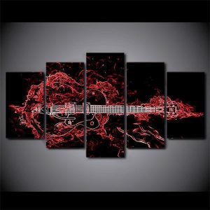 Red Guitar Musical Instrument 01 - Music 5 Panel Canvas Art Wall Decor