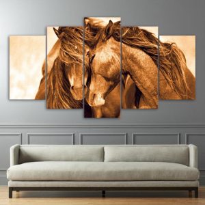 Red Horse Couple - Animal 5 Panel Canvas Art Wall Decor