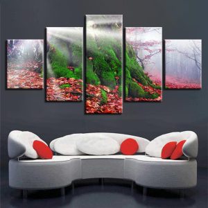 Red Leaf And Green Tree Sunshine - Nature 5 Panel Canvas Art Wall Decor