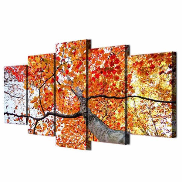 Red Maple Tree Forest - Nature 5 Panel Canvas Art Wall Decor