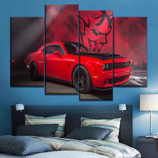 Red Muscle Dodge Challenger Car 4 Pieces - 4 Panel Canvas Art Wall Decor