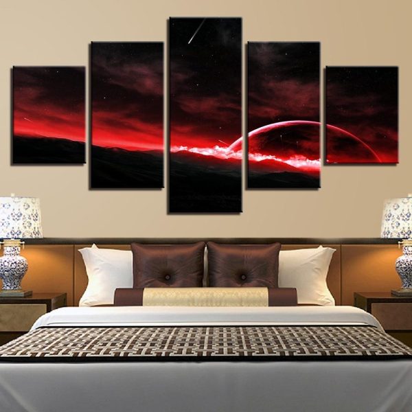 Red Planets And Meteor - Space 5 Panel Canvas Art Wall Decor