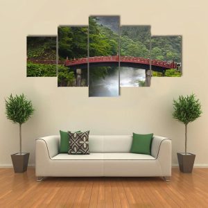 Red Sacred Bridge Shinkyo In Nikko - Nature 5 Panel Canvas Art Wall Decor