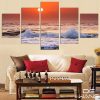 Red Sunset And Waves - Nature 5 Panel Canvas Art Wall Decor