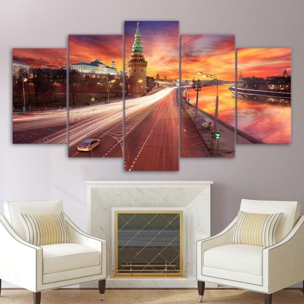 Red Sunset Over Moscow Kremlin - Nature 5 Panel Canvas Art Wall Decor