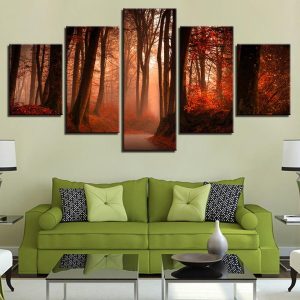 Red Tree And Forest 3 - Nature 5 Panel Canvas Art Wall Decor