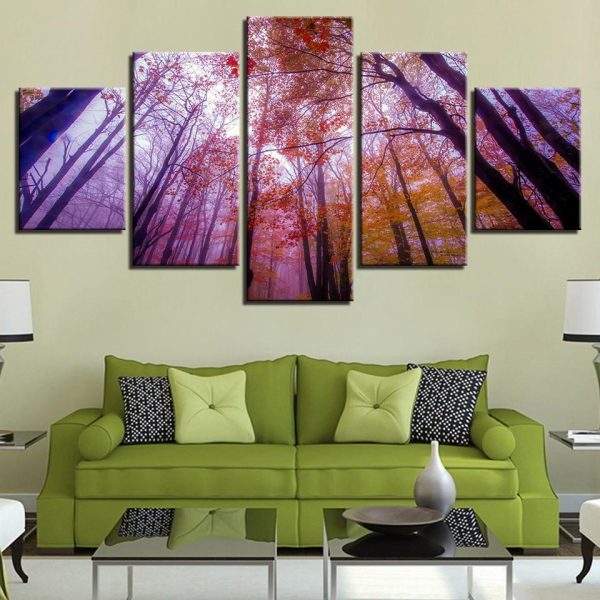 Red Tree Forest 5 - Nature 5 Panel Canvas Art Wall Decor