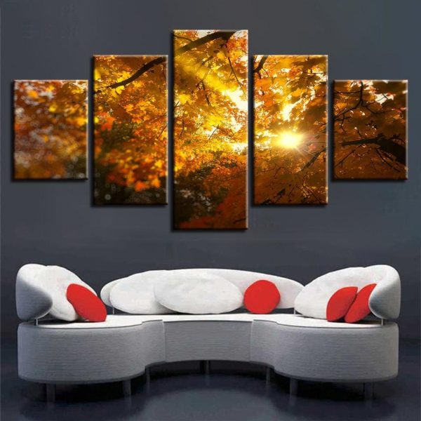 Red Tree Leaf Sunshine - Nature 5 Panel Canvas Art Wall Decor