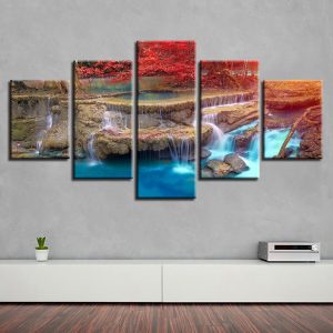 Red Tree Waterfalls - Nature 5 Panel Canvas Art Wall Decor