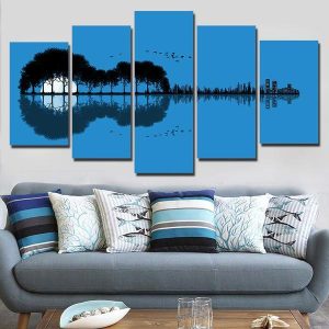 Reflection Of Music Guitar Island Tree - Music 5 Panel Canvas Art Wall Decor