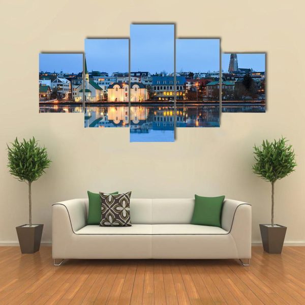 Reflection Of The Cityscape Of Reykjavik - Nature 5 Panel Canvas Art Wall Decor