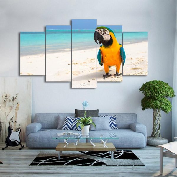 Resting Bird Parrot Beach Color Feather - Animal 5 Panel Canvas Art Wall Decor