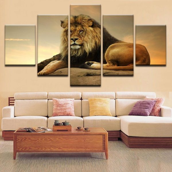 Resting Lion - Animal 5 Panel Canvas Art Wall Decor