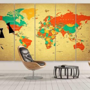 Retro Brown World Map - World Map 5 Panel Canvas Art Wall Decor