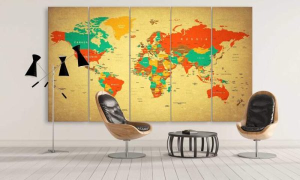 Retro Brown World Map - World Map 5 Panel Canvas Art Wall Decor